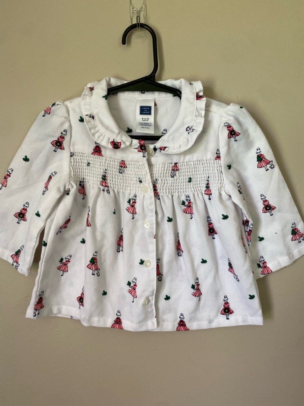 Janie and Jack White Smocked Blouse with Red and Green Girl Print